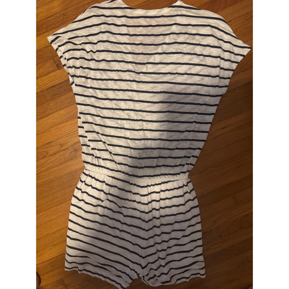 LAmade Womens Striped Short Sleeve Surplice V-Neck Romper White Navy Blue Slub - Picture 3 of 3